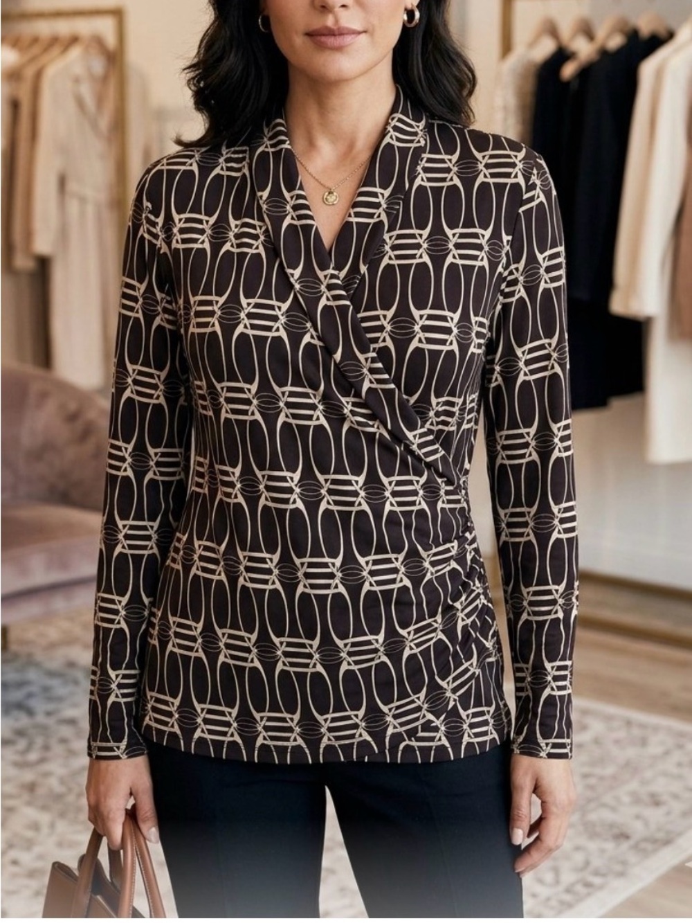 PRIMA BELLA Chic Black and Cream Geometric Blouse